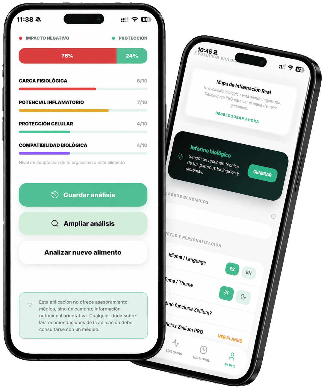 Zellium — Resultado de análisis biológico en dos pantallas