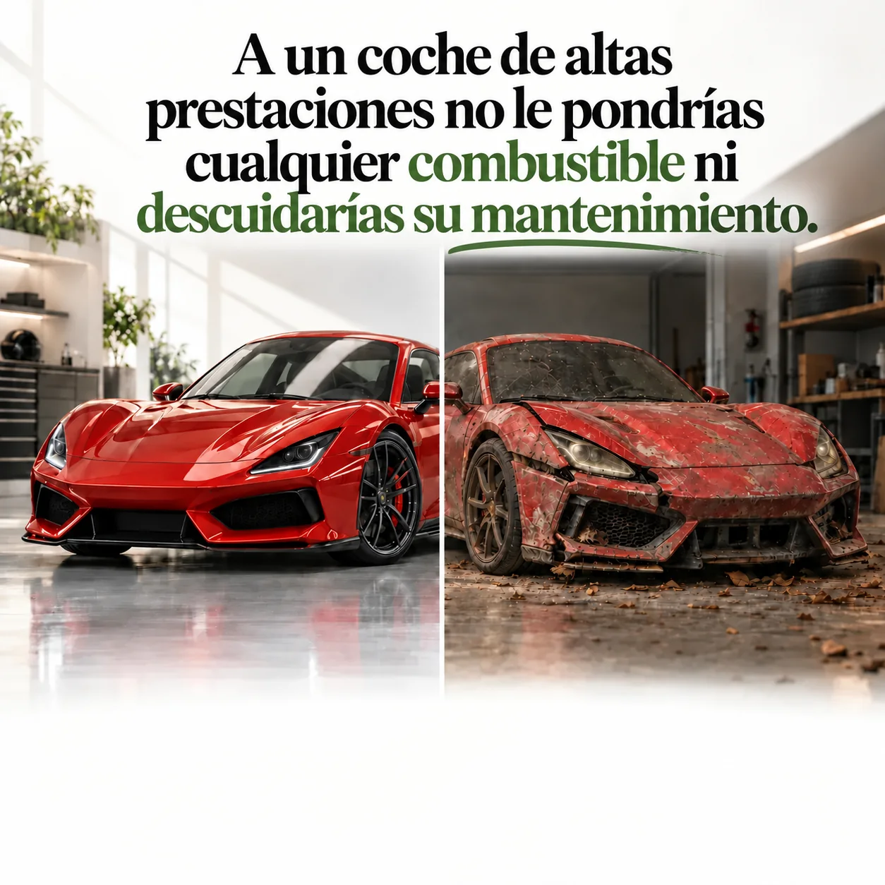 Coche de altas prestaciones bien mantenido frente a coche deteriorado